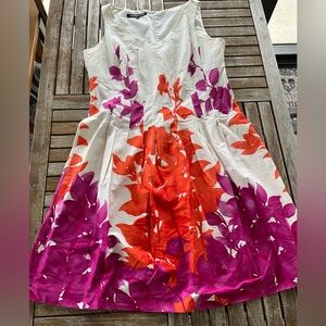 Jones Wear Dress Floral 16 Cotton Sleeveless Fit Flair Pink Orange Lined Womens